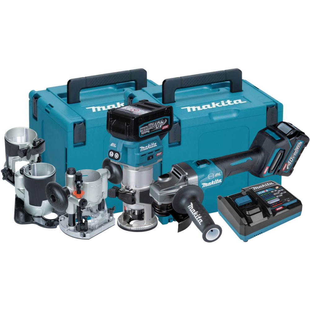 Аккумуляторный набор Makita, 40 В: угловая шлифмашина GA004 + фрезер RT001, с 2 АКБ 4 Ач и ЗУ, в 2 кейсах MakPac