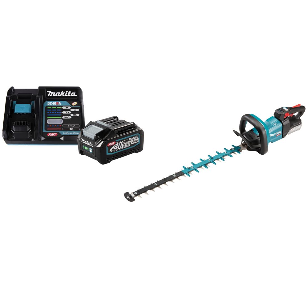 Набор Makita: аккумуляторный кусторез UH004GZ, 40 В, 60 см, 5000 рез/мин + АКБ BL4040, 40 В, 4 Ач и ЗУ DC40RA, 40 В, 6 А, PT961