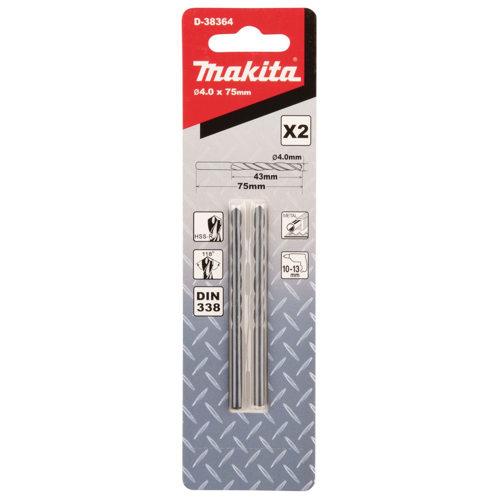 Сверло по металлу Makita HSS-R 4х43x75, 2 шт., D-38364