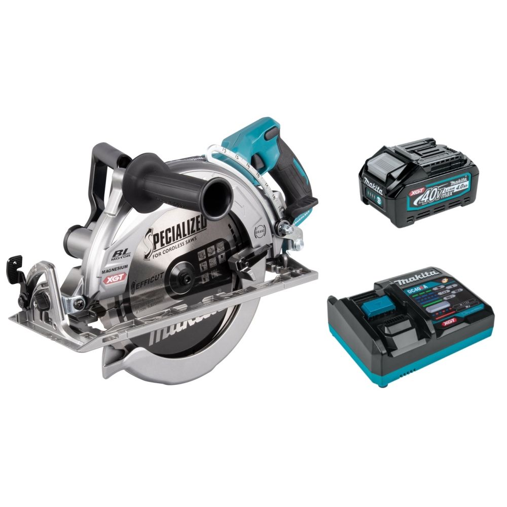 Набор Makita: аккумуляторная дисковая пила RS002GZ, 40 В, 260 мм, 4000 об/мин + АКБ BL4040, 40 В, 4 Ач + ЗУ DC40RA, 40 В, 6 А, PT1032