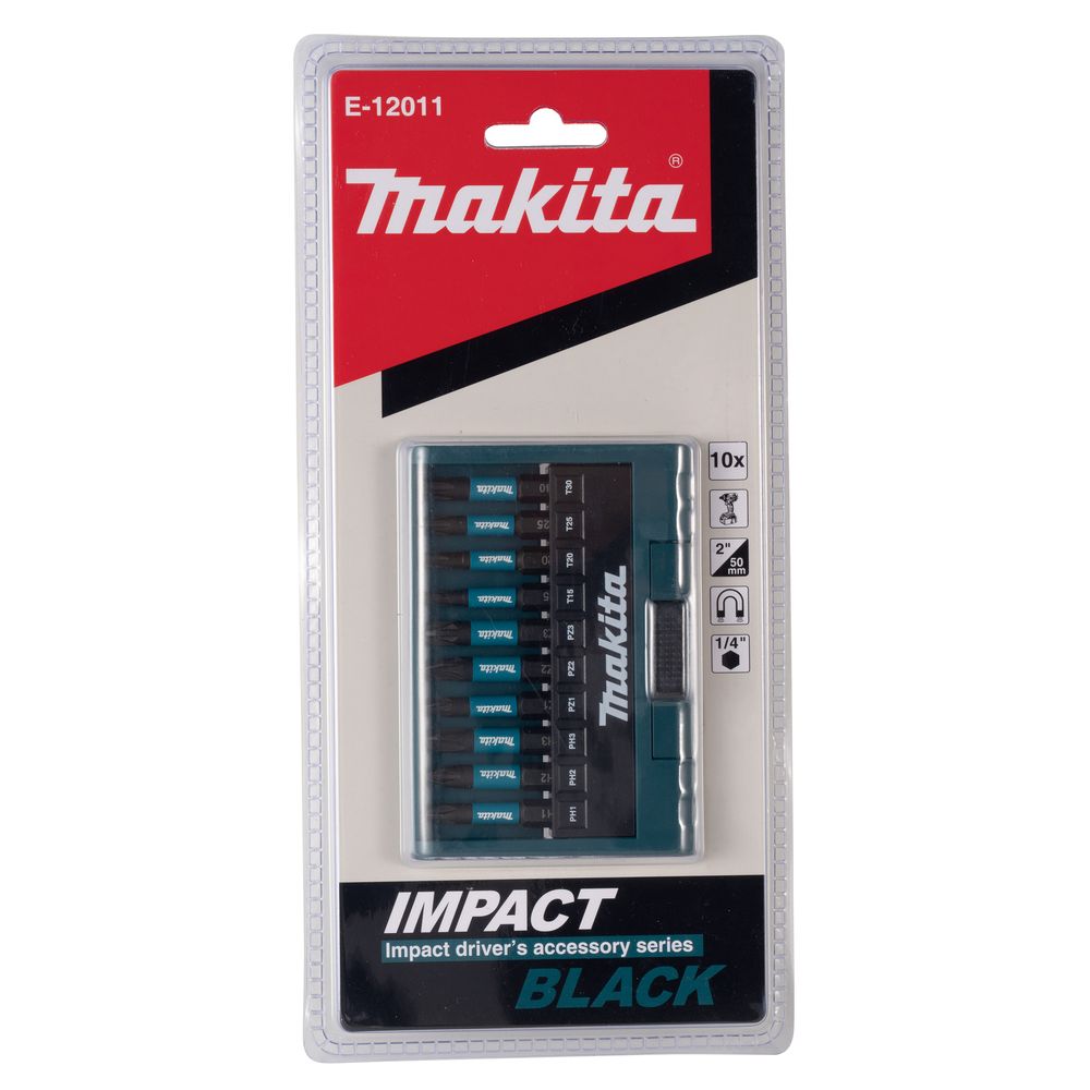 Бита Makita PH1,PH2,PH3,PZ1,PZ2,PZ3,T15,T20,T25,T30, 50 мм, хвостовик 1/4", 10 шт. (E-12011)