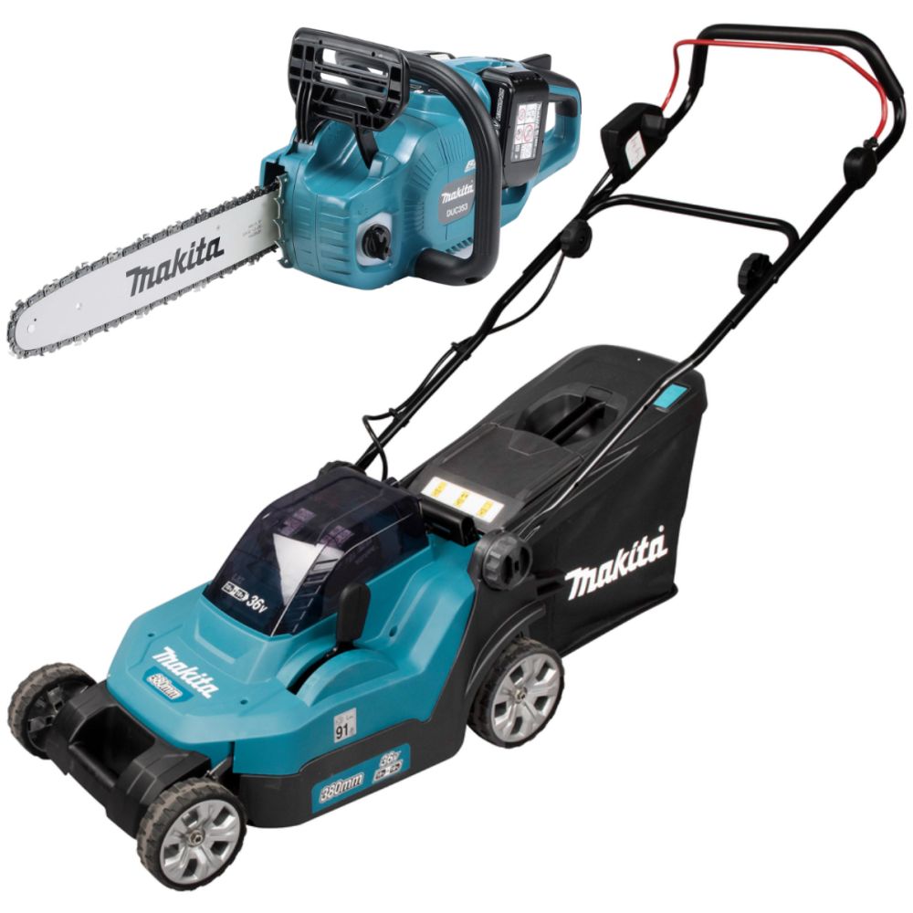 Аккумуляторный набор садовой техники Makita, 18 В: цепная пила DUC353 + газонокосилка DLM382, с 2 АКБ 5 Ач и ЗУ