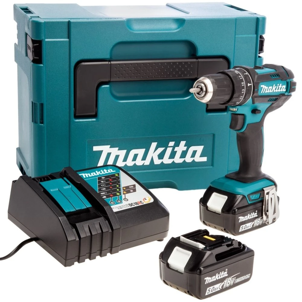 Аккумуляторная ударная дрель-шуруповерт Makita DHP482RTJ, 18 В, 1900 об/мин, 28500 уд/мин, с 2 АКБ 5 Ач и ЗУ, в кейсе MakPac