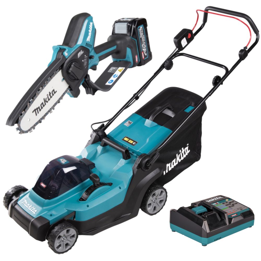 Набор аккумуляторной садовой техники Makita PT1476, 40 В: газонокосилка LM004G + цепная пила UC029G, с АКБ 2.5 Ач и ЗУ