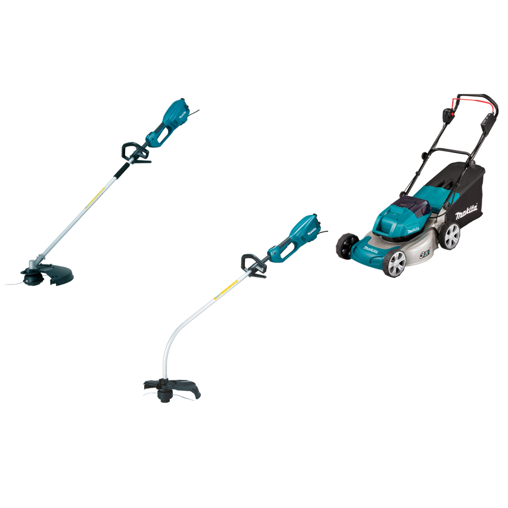 Набор: аккумуляторная газонокосилка Makita DLM460PT2 с 2 АКБ и ЗУ + электрический триммер Makita UR3501 + электрический триммер Makita UR3502