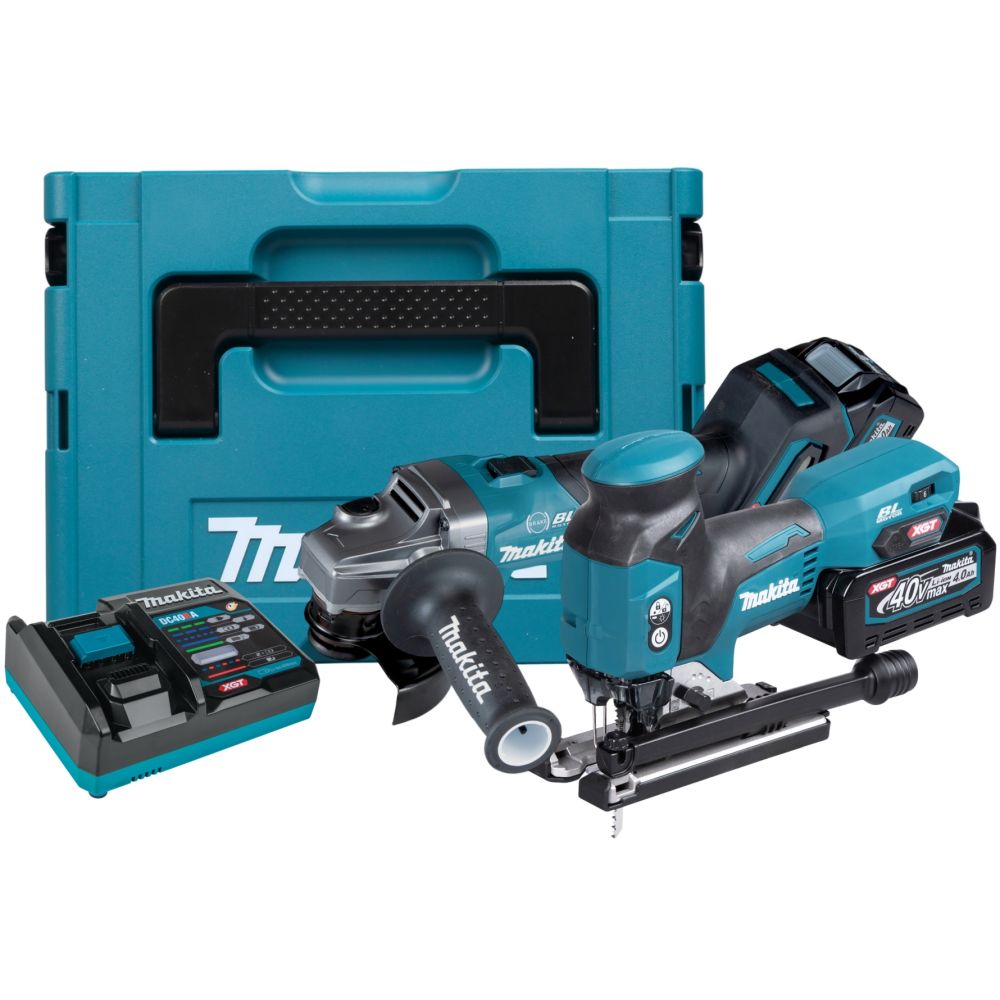 Аккумуляторный набор Makita, 40 В: лобзик JV001 + угловая шлифмашина GA004, с 2 АКБ 4 Ач и ЗУ, в кейсе MakPac