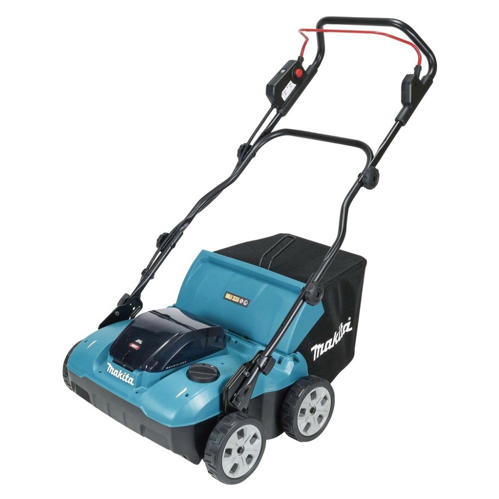 Аккумуляторный скарификатор-аэратор Makita, 40 В, 38 см, 50 л, 3200 об/мин, c 2 АКБ 4 Ач и ЗУ, UV001GM201