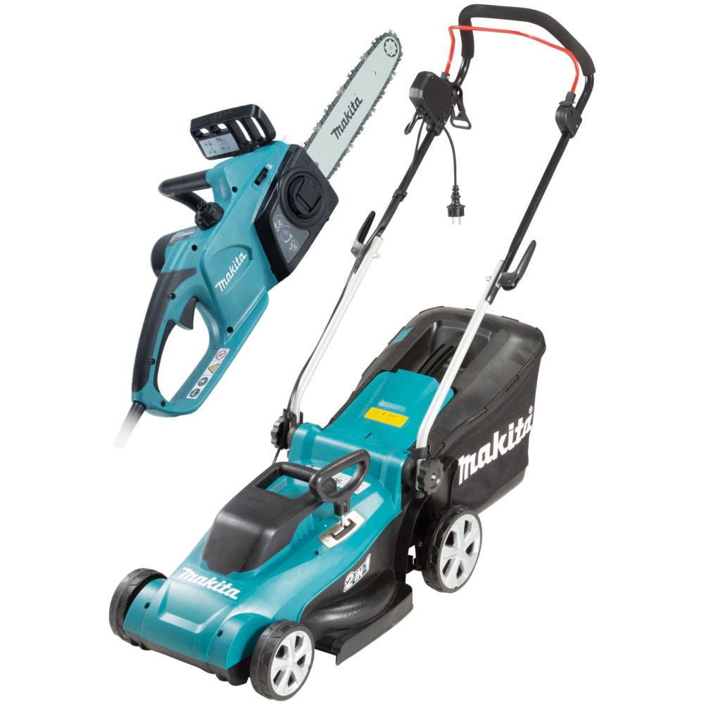 Набор сетевой садовой техники Makita: цепная пила UC4041A + газонокосилка ELM3720