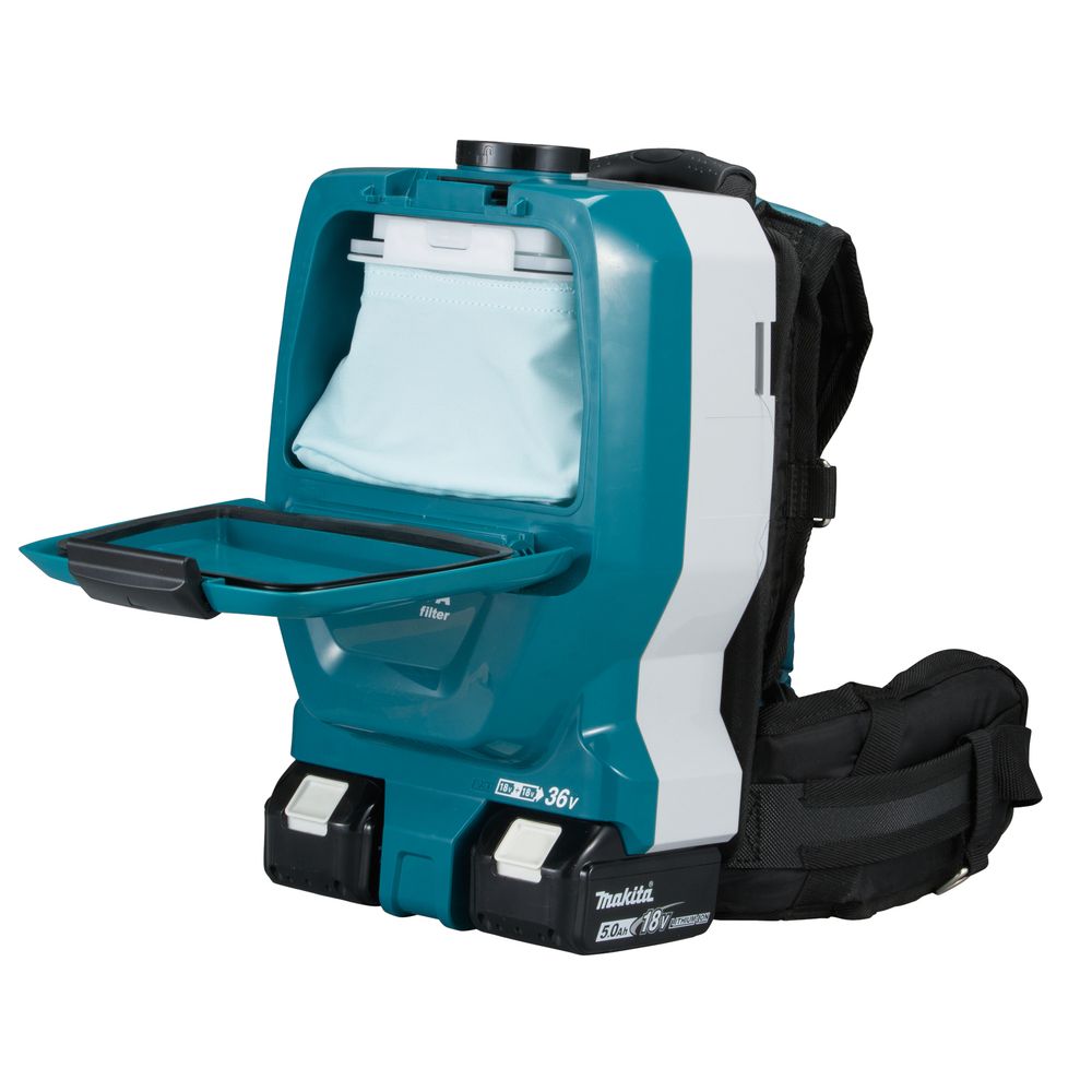 Набор: аккумуляторный ранцевый пылесос Makita DVC265ZXU + 2 аккумулятора Makita BL1850B (LXT 18В, 5Ач) + зарядное устройство Makita DC18RD быстрое двухпортовое (LXT 18В)