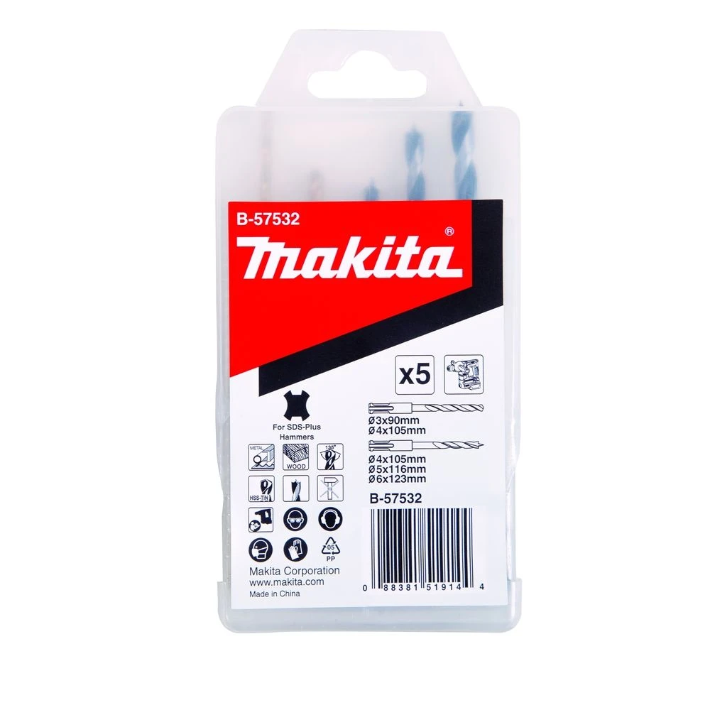 Набор сверл Makita по дереву и металлу SDS -PLUS, 5 шт. (HSS-TIN 3, 4, дерево 4, 5, 6 мм), B-57532
