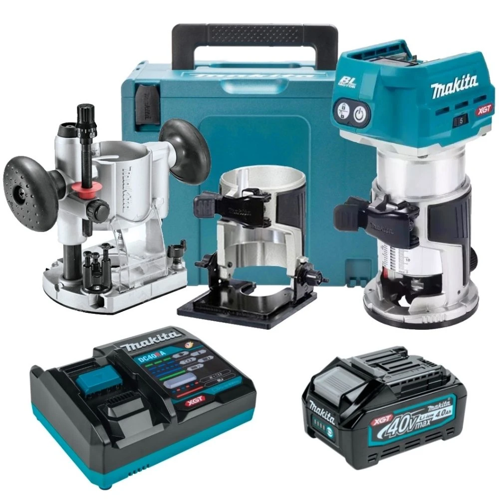 Набор Makita: аккумуляторный кромочный фрезер RT001GZ19, 31000 об/мин + аккумулятор BL4040, 40 В, 4 Ач + быстрое зарядное устройство DC40RA, PT993