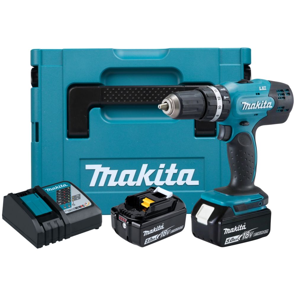 Аккумуляторная ударная дрель-шуруповерт Makita DHP453RTJ, 18 В, 1300 об/мин, 19500 уд/мин, с 2 АКБ 5 Ач и ЗУ, в кейсе MakPac
