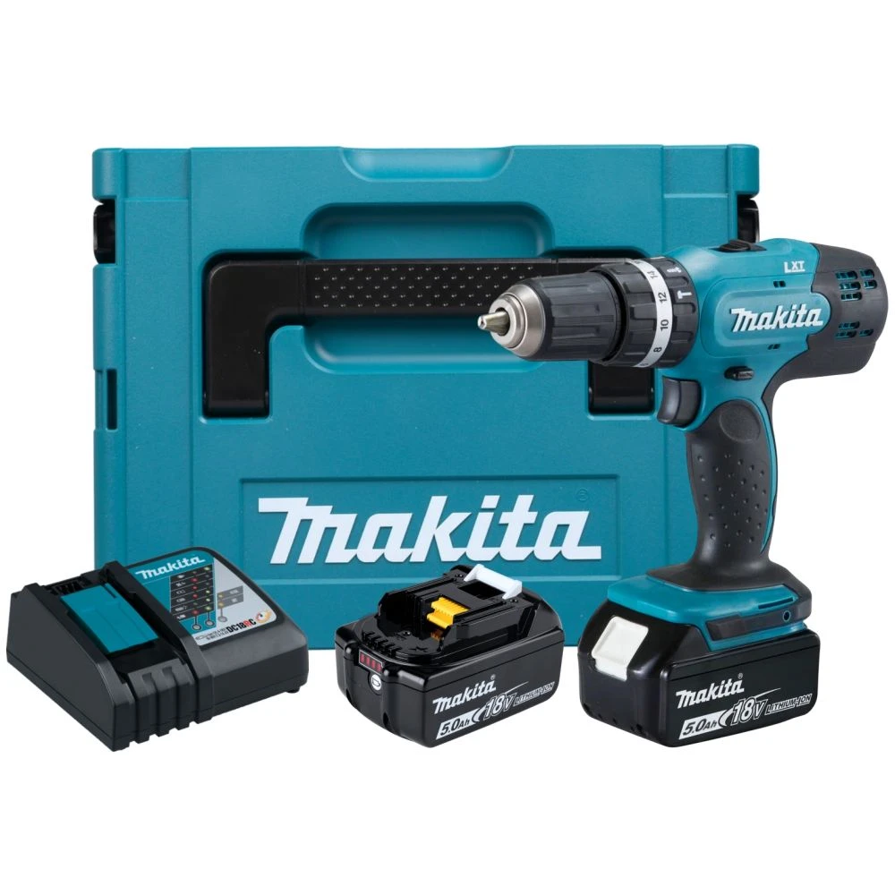 Аккумуляторная ударная дрель-шуруповерт Makita DHP453RTJ, 18 В, 1300 об/мин, 19500 уд/мин, с 2 АКБ 5 Ач и ЗУ, в кейсе MakPac