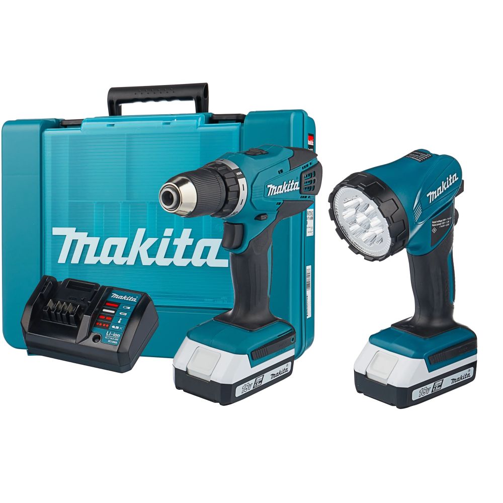 Аккумуляторная дрель-шуруповерт Makita DF457DWLE, с фонарем, 2 АКБ 1.5 Ач и ЗУ, в кейсе