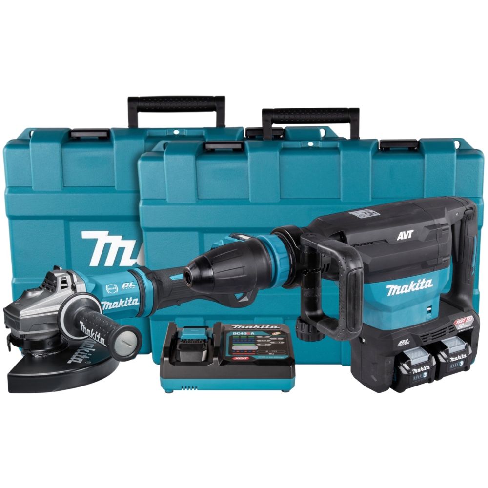Аккумуляторный набор Makita, 40 В: отбойный молоток HM002 + угловая шлифмашина GA038, с 2 АКБ 5 Ач и ЗУ, в 2 кейсах