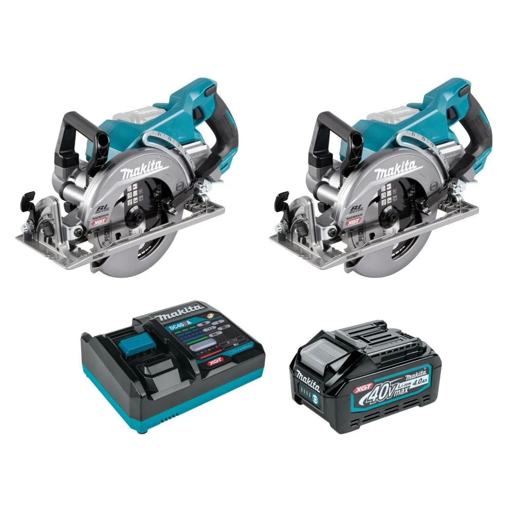 Набор Makita: 2 aккумуляторные дисковые пилы RS001GZ, 185 мм, 6400 об/мин + аккумулятор BL4040, 40 В, 4 Ач + быстрое зарядное устройство DC40RA, PT989