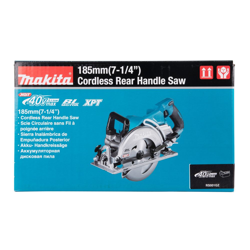 Набор Makita: 2 aккумуляторные дисковые пилы RS001GZ, 185 мм, 6400 об/мин + аккумулятор BL4040, 40 В, 4 Ач + быстрое зарядное устройство DC40RA, PT989