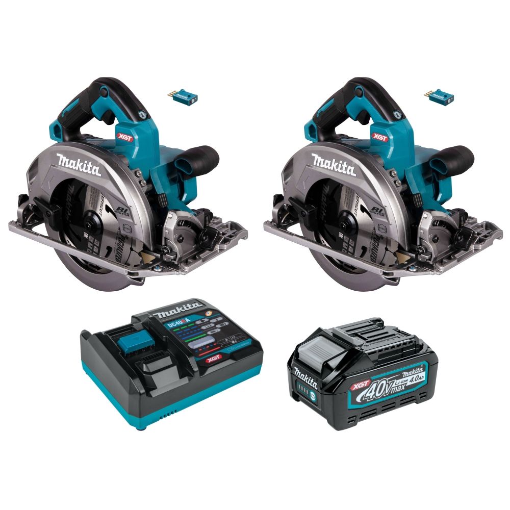 Набор Makita: 2 aккумуляторные дисковые пилы RS002GZ, 260 мм, 4000 об/мин + аккумулятор BL4040, 40 В, 4 Ач + быстрое зарядное устройство DC40RA, PT987