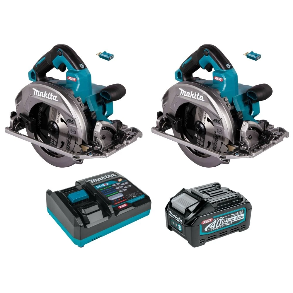 Набор Makita: 2 aккумуляторные дисковые пилы RS002GZ, 260 мм, 4000 об/мин + аккумулятор BL4040, 40 В, 4 Ач + быстрое зарядное устройство DC40RA, PT987