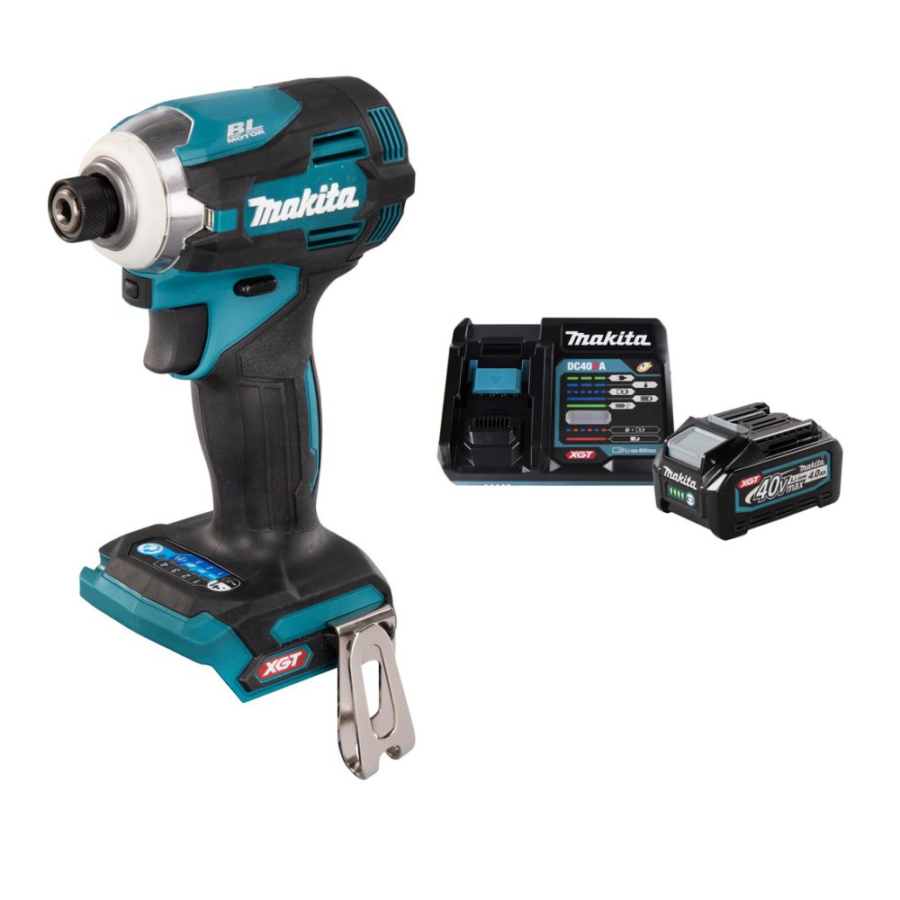 Набор: аккумуляторный ударный шуруповерт Makita TD001GZ + аккумулятор с зарядным устройством Makita (XGT, 1x4.0Ач, DC40RA) 191J67-0