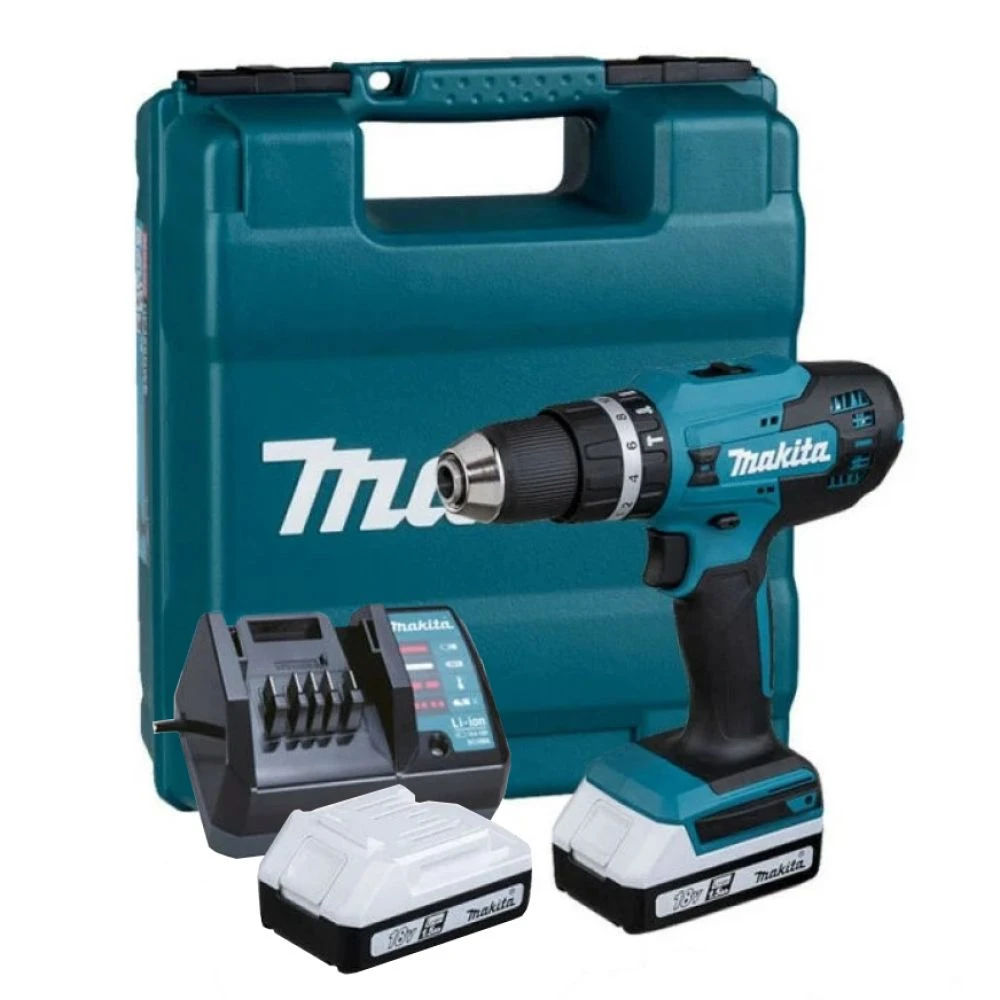 Аккумуляторная ударная дрель-шуруповерт Makita HP488DWE, 18 В, 1400 об/мин, 21000 уд/мин, с 2 АКБ 1.5 Ач и ЗУ, в кейсе