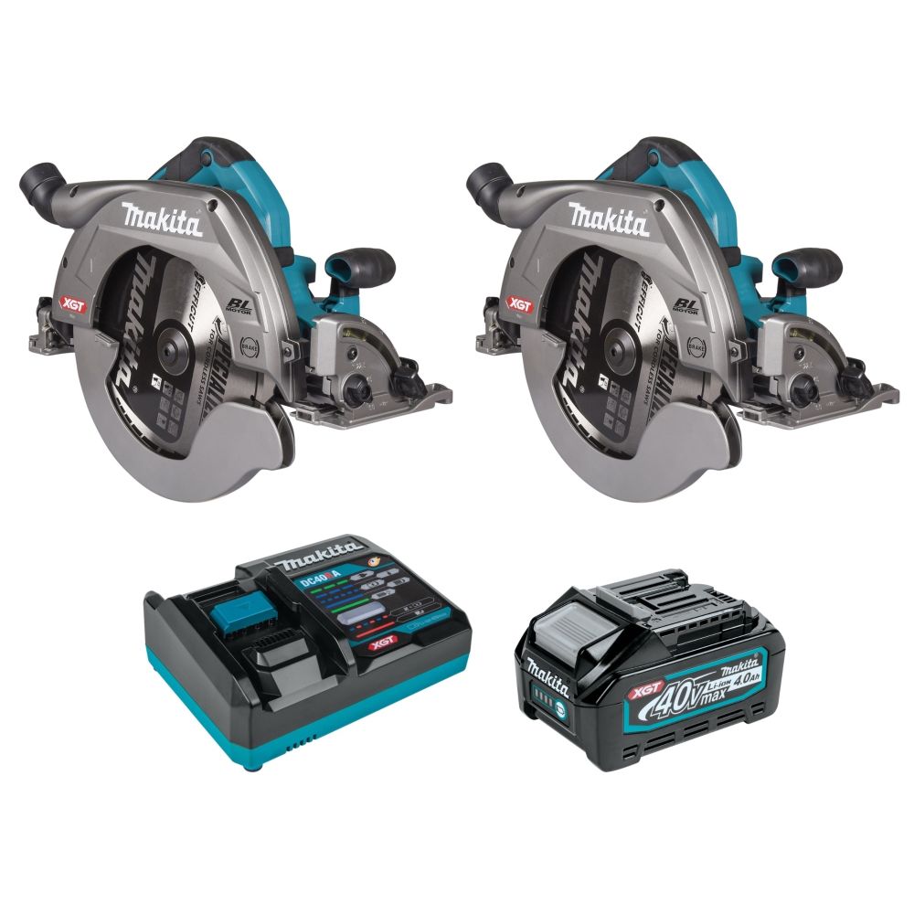 Набор Makita: 2 aккумуляторные дисковые пилы HS011GZ, 260 мм, 3500 об/мин + аккумулятор BL4040, 40 В, 4 Ач + быстрое зарядное устройство DC40RA, PT982