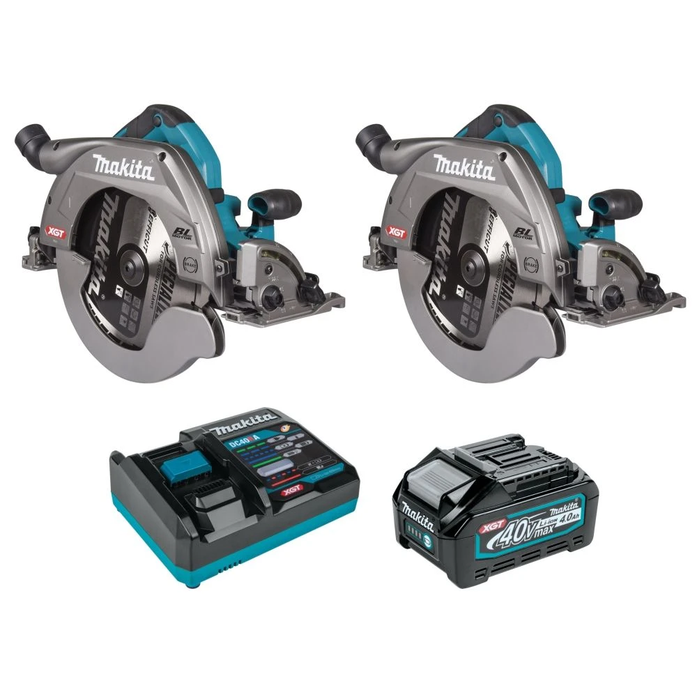 Набор Makita: 2 aккумуляторные дисковые пилы HS011GZ, 260 мм, 3500 об/мин + аккумулятор BL4040, 40 В, 4 Ач + быстрое зарядное устройство DC40RA, PT982
