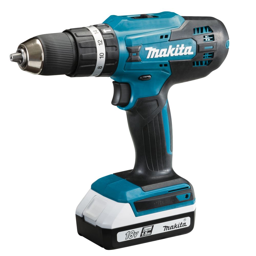 Аккумуляторная ударная дрель-шуруповерт Makita HP488DWE, 18 В, 1400 об/мин, 21000 уд/мин, с 2 АКБ 1.5 Ач и ЗУ, в кейсе