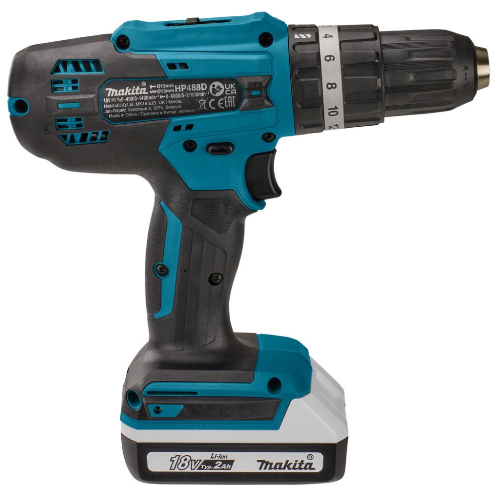 Аккумуляторная ударная дрель-шуруповерт Makita HP488DWE, 18 В, 1400 об/мин, 21000 уд/мин, с 2 АКБ 1.5 Ач и ЗУ, в кейсе