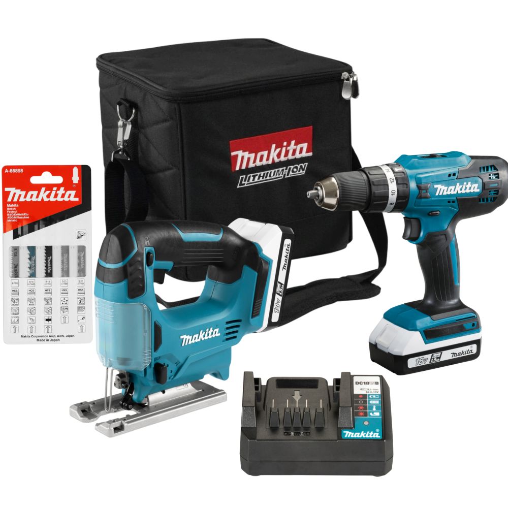 Набор электроинструмента Makita 18 В: дрель-шуруповерт + лобзик + набор пилок, с 2 АКБ 1.5 Ач и ЗУ, в сумке