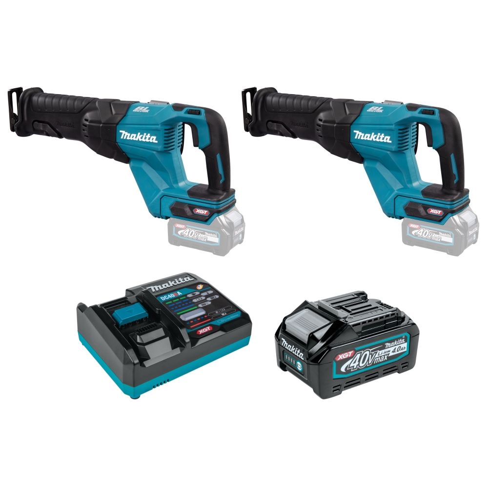 Набор Makita: 2 аккумуляторные сабельные пилы JR001GZ, 32 мм, 3000 ход/мин + аккумулятор BL4040, 40 В, 4 Ач + быстрое зарядное устройство DC40RA, PT988