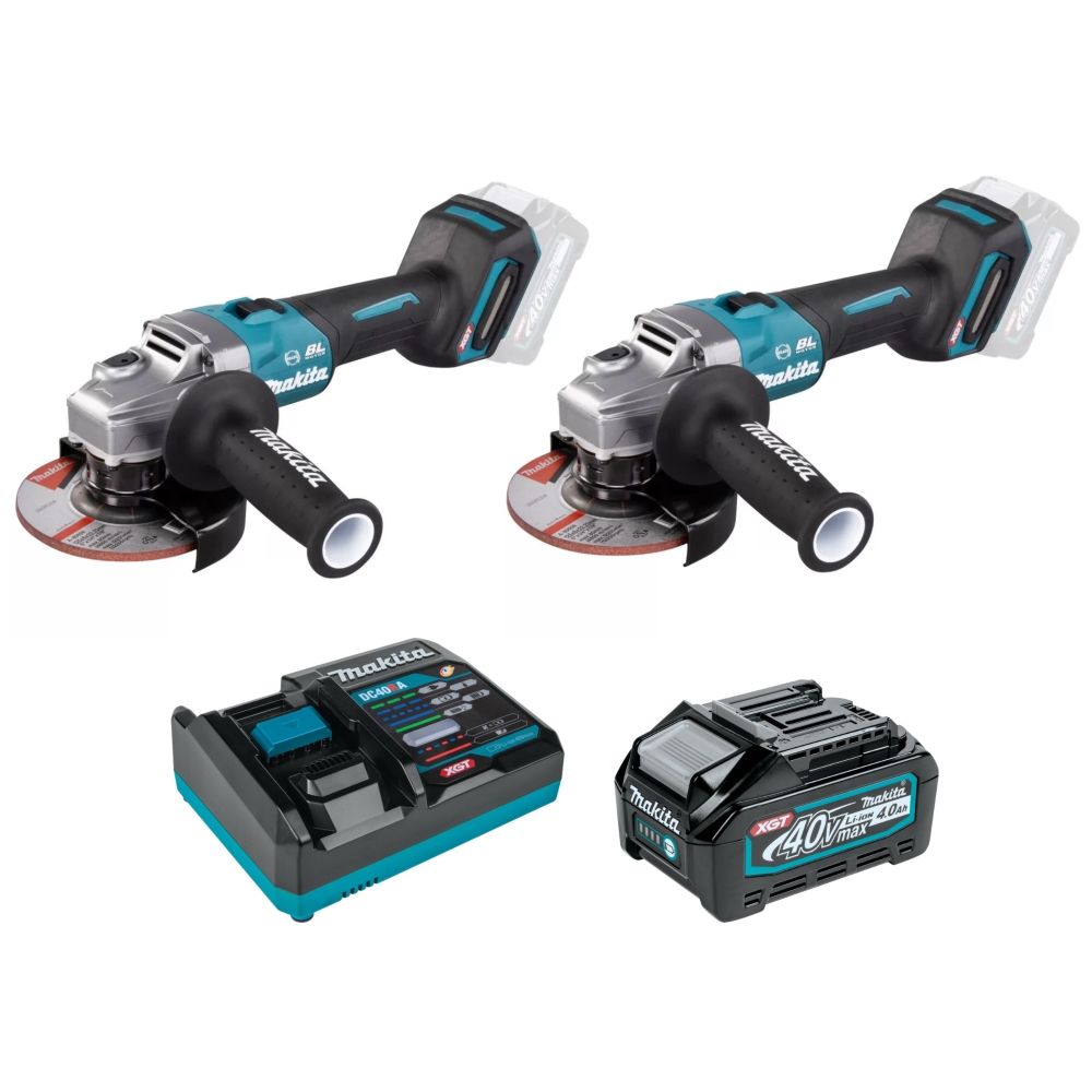 Набор Makita: 2 аккумуляторные угловые шлифмашины GA005GZ, 125 мм, 8500 об/мин + аккумулятор BL4040, 40 В, 4 Ач + быстрое зарядное устройство DC40RA, PT979
