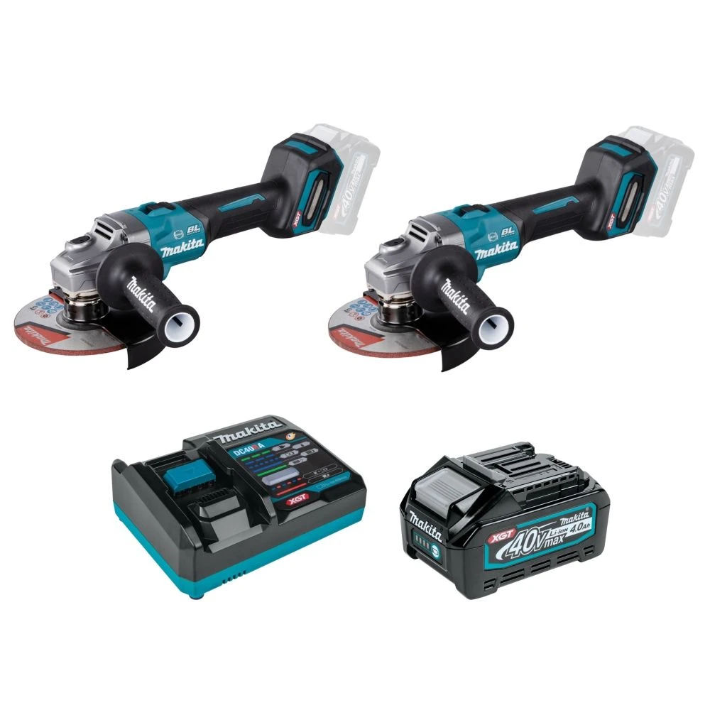 Набор Makita: 2 аккумуляторные угловые шлифмашины GA035GZ, 150 мм, 8500 об/мин + аккумулятор BL4040, 40 В, 4 Ач + быстрое зарядное устройство DC40RA, PT983