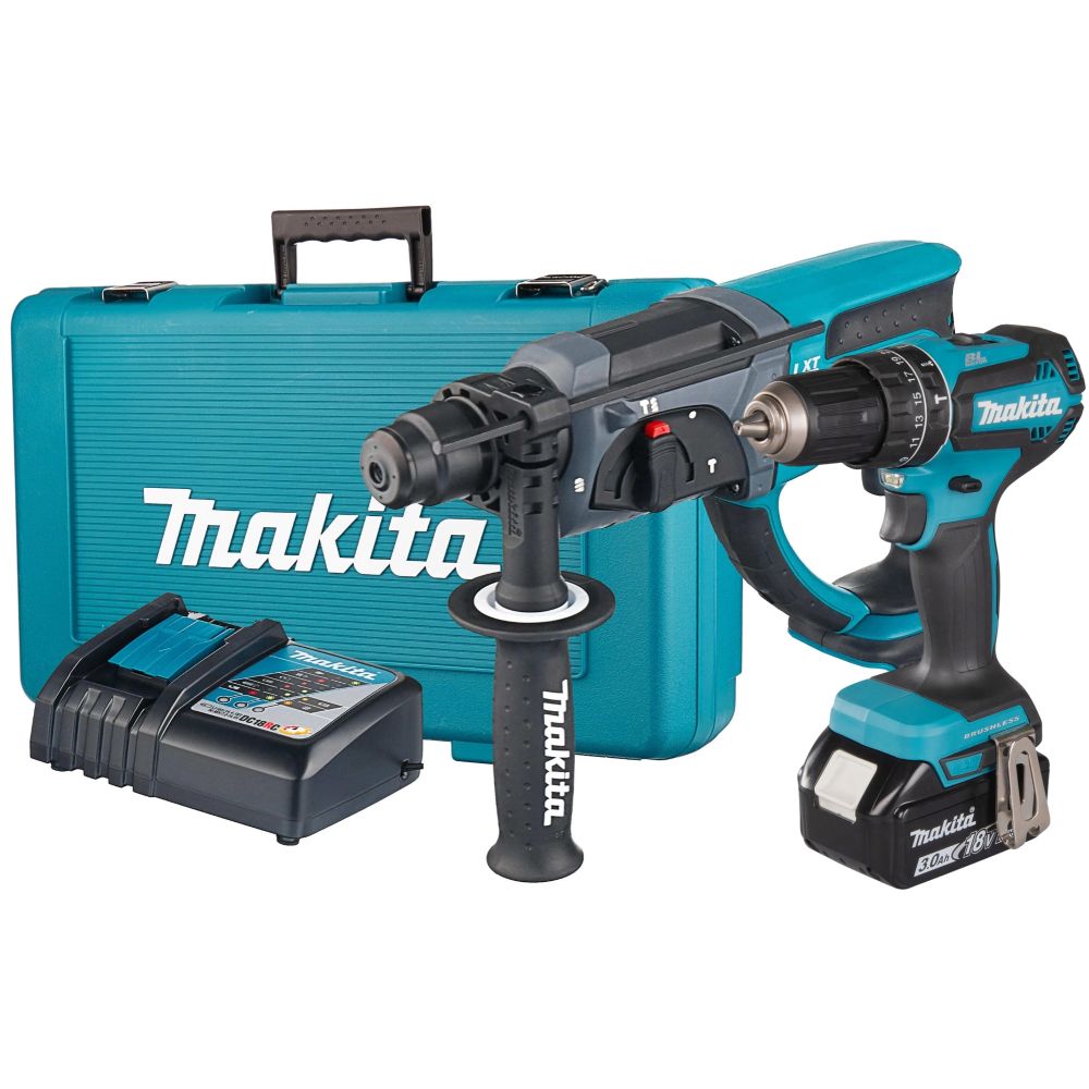 Аккумуляторный набор Makita, 18 В: дрель-шуруповерт DHP485 + перфоратор DHR202, с АКБ 3 Ач и ЗУ, в кейсе