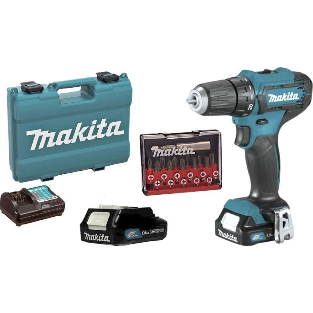Аккумуляторная дрель-шуруповерт Makita DF333DYX14, c набором бит, 2 АКБ 1.5 Ач и ЗУ, в кейсе