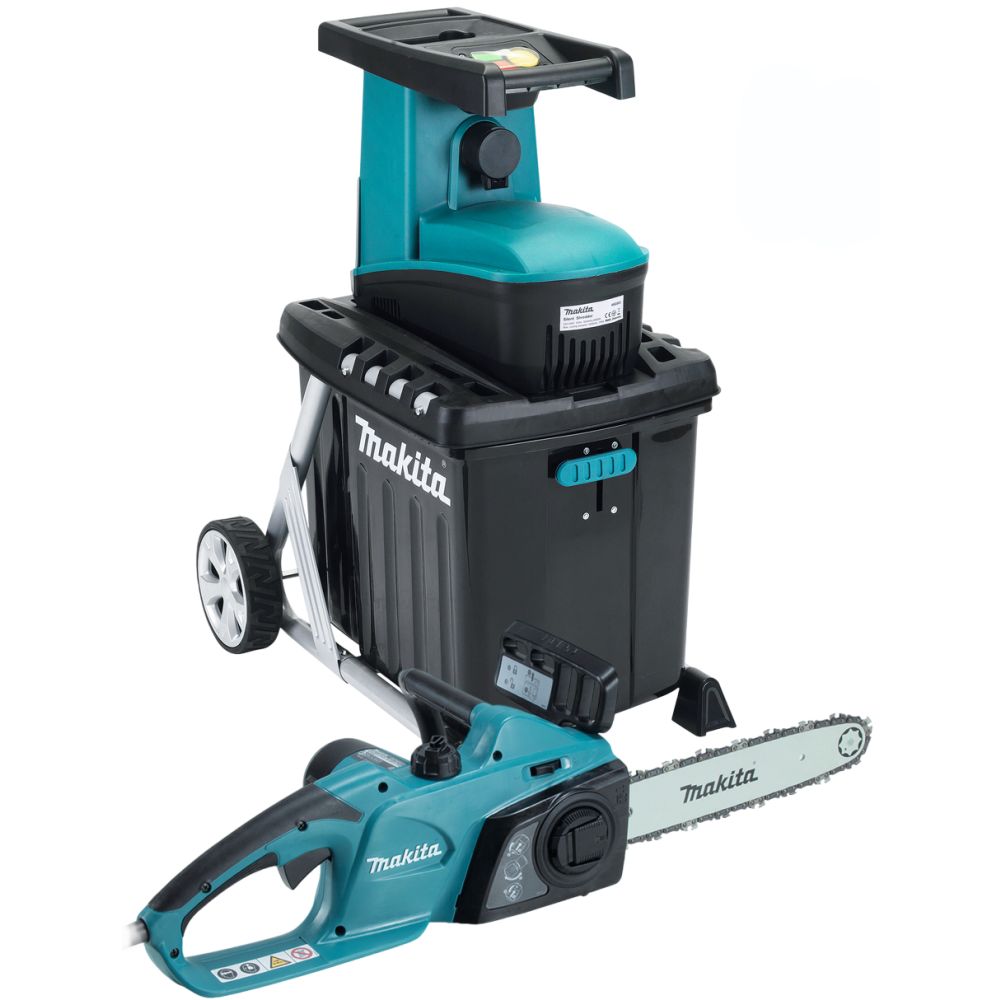 Набор сетевой садовой техники Makita: цепная пила UC4041A + измельчитель UD2500