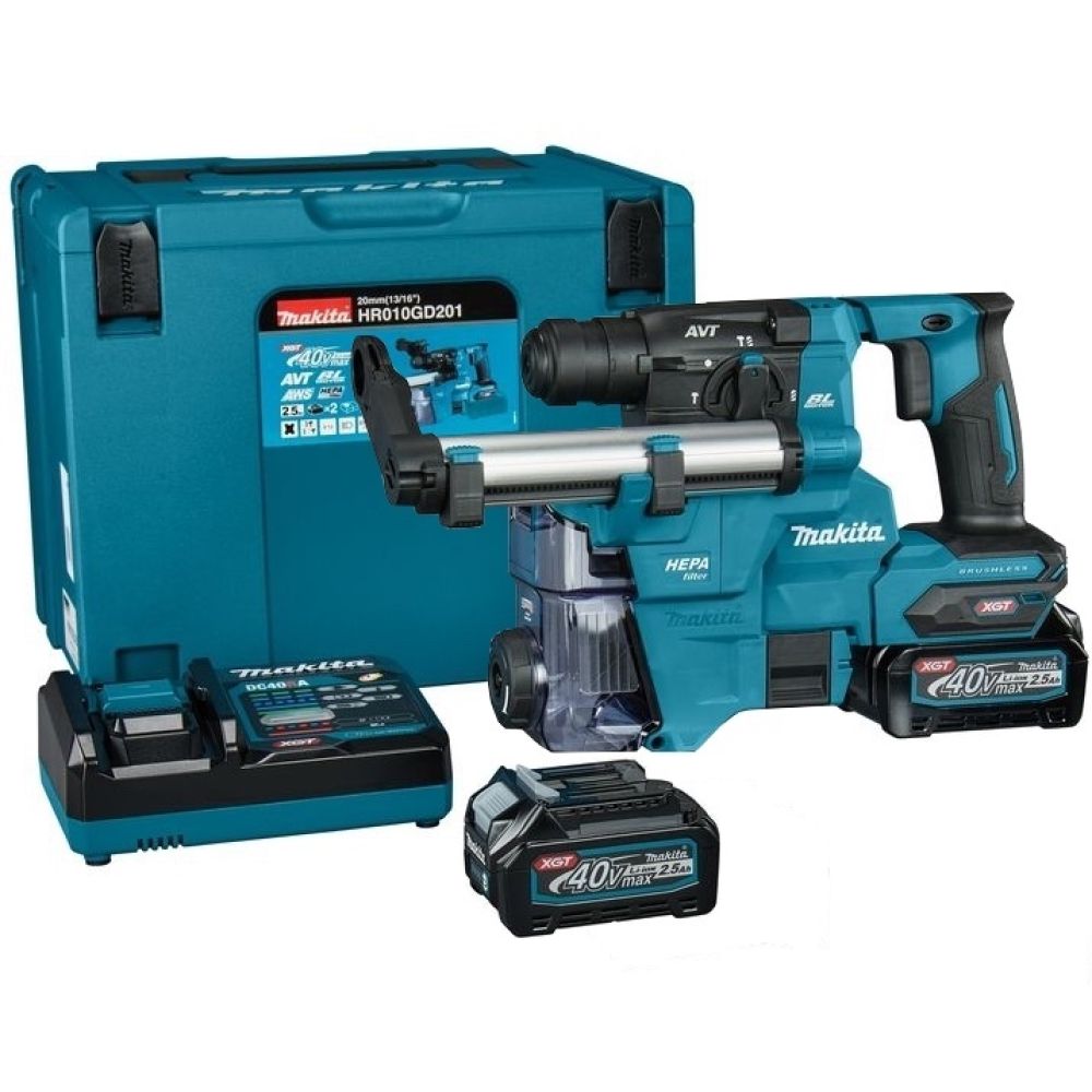 Аккумуляторный перфоратор Makita с системой пылеудаления DX16, 40 В, 2.1 Дж, 5000 уд/мин, с 2 АКБ 2.5 Ач и ЗУ, в кейсе (HR010GD201)
