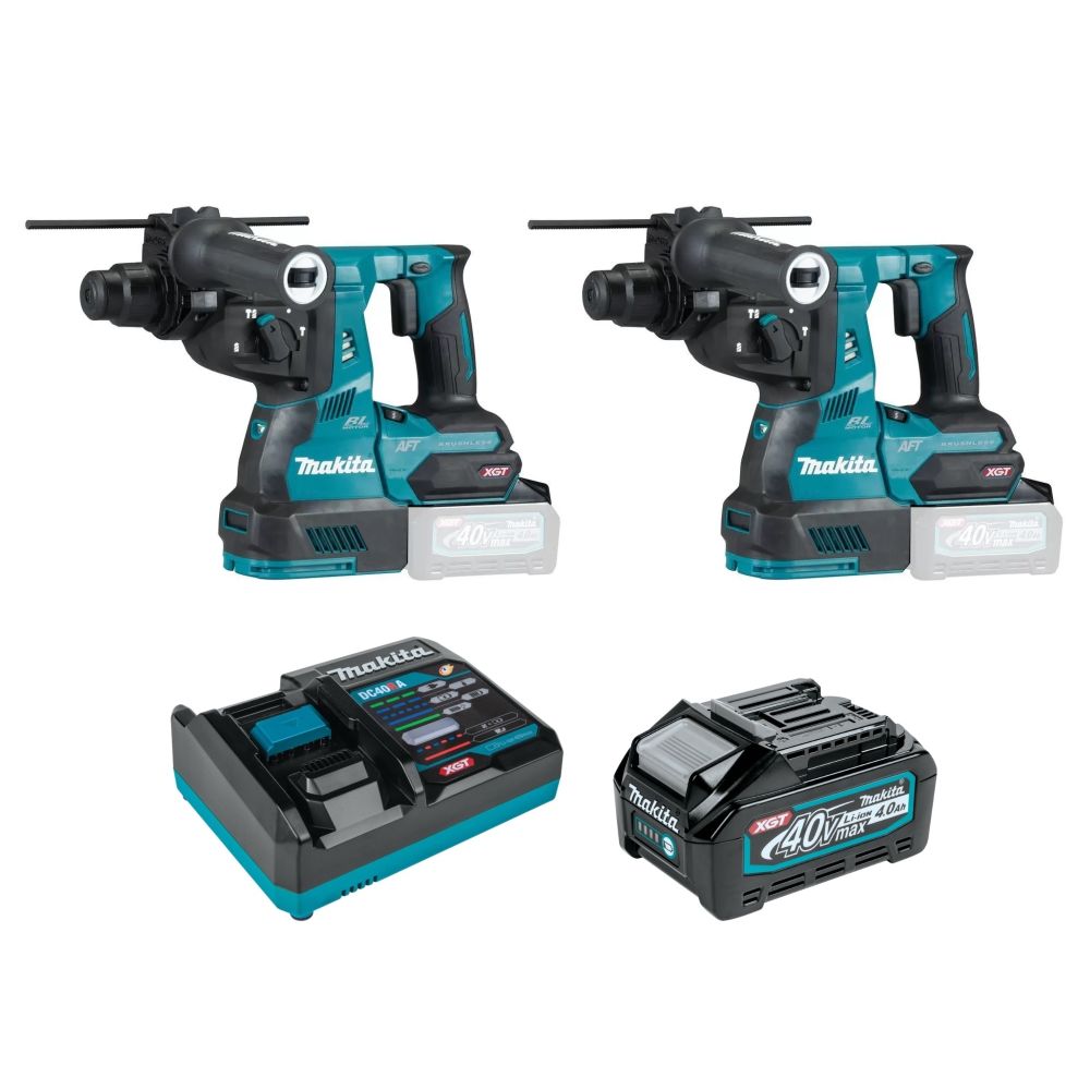 Набор Makita: 2 аккумуляторных перфоратора HR001GZ, 2.8 Дж, 5000 уд/мин + аккумулятор BL4040, 40 В, 4 Ач + быстрое зарядное устройство DC40RA, PT980