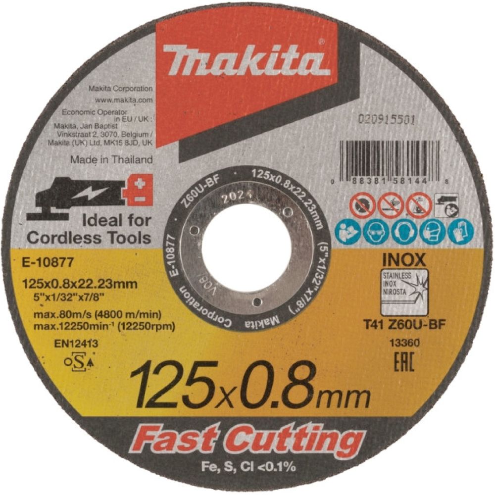 Абразивный отрезной диск Makita для нержавеющей стали, плоский Z60U, 125х0, 8х22, 23 мм, E-10877