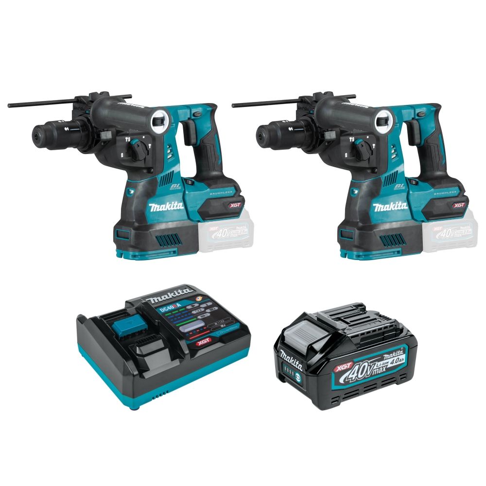 Набор Makita: 2 аккумуляторных перфоратора HR004GZ, 2.9 Дж, 5000 уд/мин + аккумулятор BL4040, 40 В, 4 Ач + быстрое зарядное устройство DC40RA, PT985