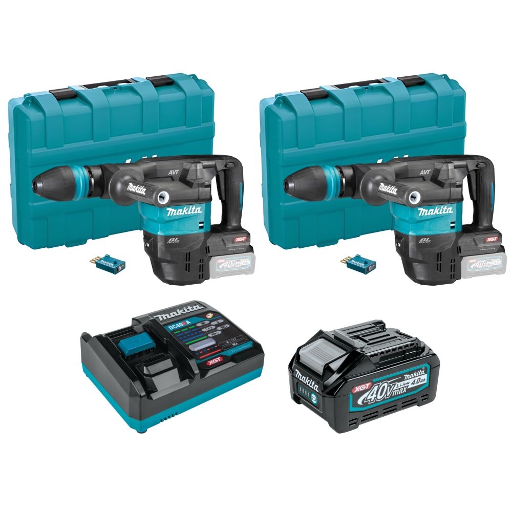 Набор Makita: 2 аккумуляторных отбойных молотка HM001GZ02, 9.4 Дж, 2600 уд/мин + аккумулятор BL4040, 40 В, 4 Ач + быстрое зарядное устройство DC40RA, PT986