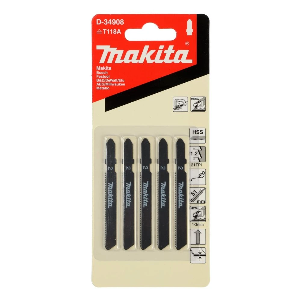 Пилка для лобзика Makita BASIC по металлу, 75х1х21TPI, 5 шт, D-34908
