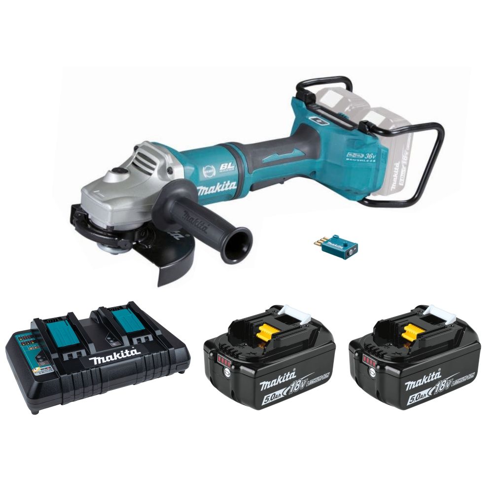 Набор Makita: аккумуляторная угловая шлифмашина DGA701ZU, 180 мм, 7800 об/мин + 2 аккумулятора BL1850B, 18 В, 5 Ач + зарядное устройство DC18RD, PT998