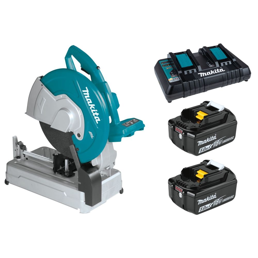 Набор Makita: аккумуляторная отрезная пила DLW140Z, 355 мм, 3800 об/мин + 2 аккумулятора BL1850B, 18 В, 5 Ач + зарядное устройство DC18RD, PT997