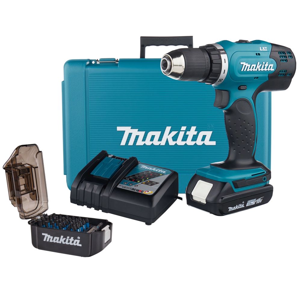 Набор Makita: аккумуляторная дрель-шуруповерт DDF453SYE, 18 В, 42 Нм, 1300 об/мин, с 2 АКБ 1.5 Ач и ЗУ, в кейсе + набор бит E-03084, 31 шт., PT1041