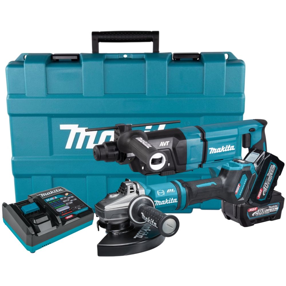 Аккумуляторный набор Makita, 40 В: перфоратор HR007 + угловая шлифмашина GA038, с 2 АКБ 5 Ач и ЗУ, в кейсе