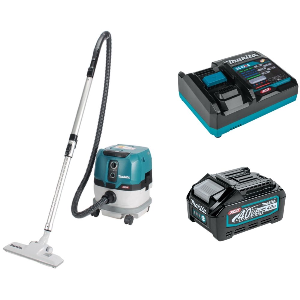 Набор Makita: аккумуляторный пылесос VC001GLZ, 8 л, 3.2 м³/мин + аккумулятор BL4040, 40 В, 4 Ач + быстрое зарядное устройство DC40RA, PT990