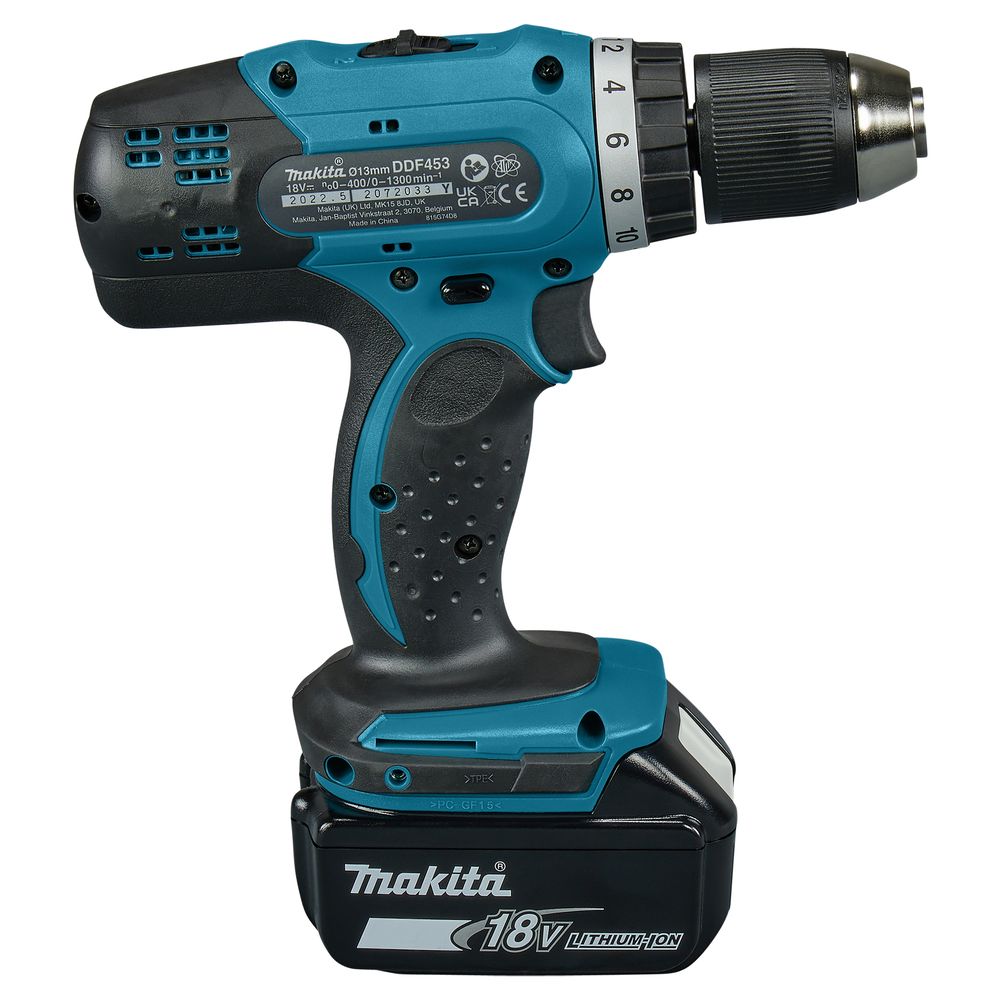 Набор Makita: аккумуляторная дрель-шуруповерт DDF453SYE, 18 В, 42 Нм, 1300 об/мин, с 2 АКБ 1.5 Ач и ЗУ, в кейсе + набор бит E-03084, 31 шт., PT1041