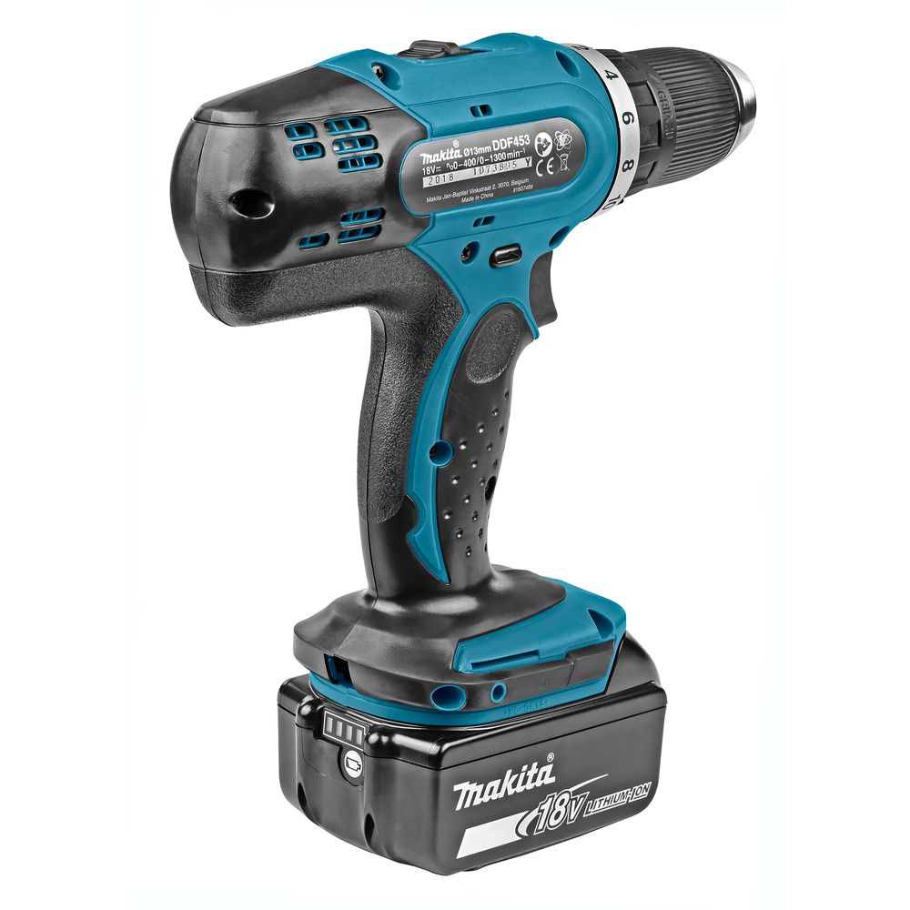 Набор Makita: аккумуляторная дрель-шуруповерт DDF453SYE, 18 В, 42 Нм, 1300 об/мин, с 2 АКБ 1.5 Ач и ЗУ, в кейсе + набор бит E-03084, 31 шт., PT1041