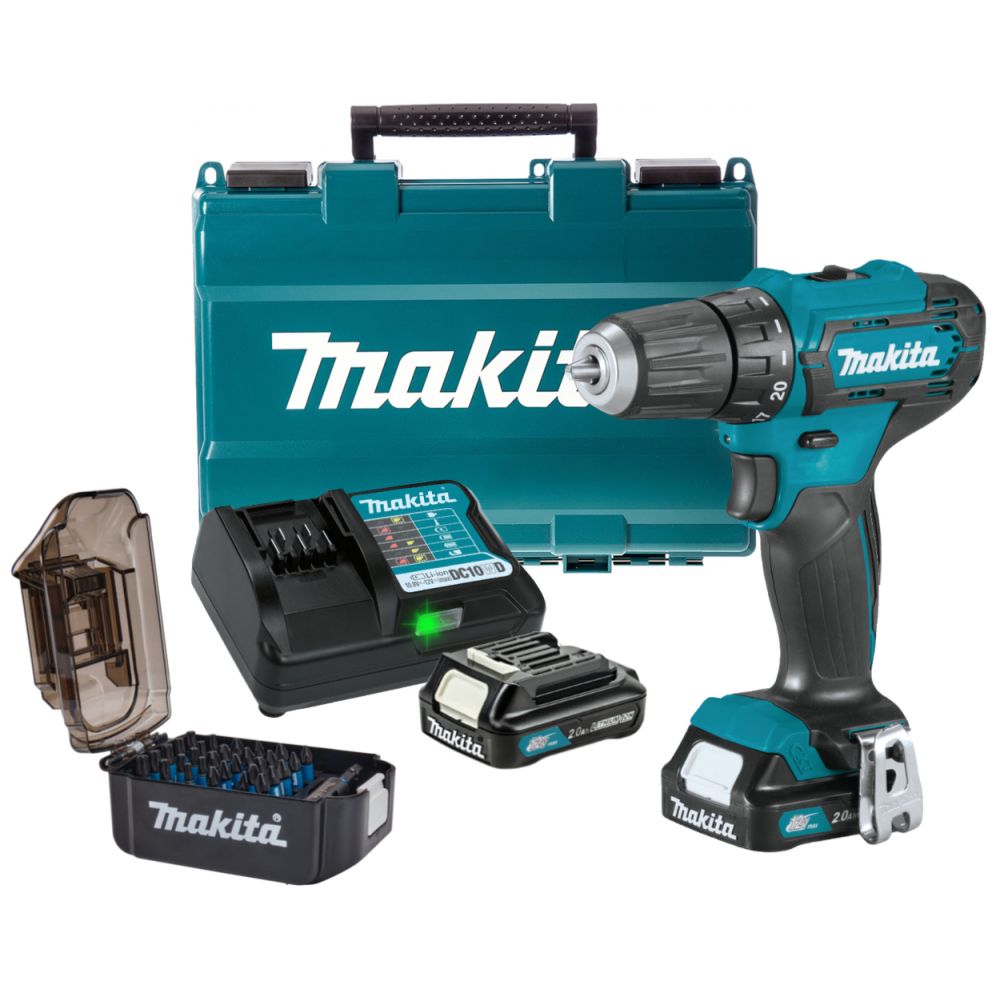 Набор Makita: аккумуляторная дрель-шуруповерт DF333DWAE, 12 В, 30 Нм, 1700 об/мин, с 2 АКБ 2 Ач и ЗУ, в кейсе + набор бит E-03084, 31 шт., PT1044